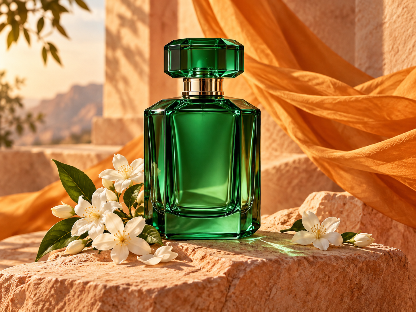 रंगीन फूलों और कपड़े के बीच perfume bottle का product promotion concept